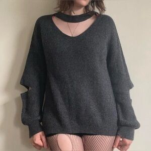 💰 Charcoal Gray Knit Choker Collar Sweater| Grunge | 90s